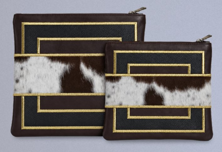 Dark Brown & Brown-White Banded Leather & Cowhide Tallit & Tefillin Bag Set