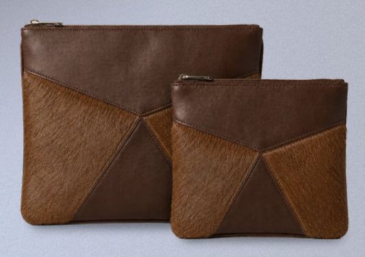 Brown & Brown Paneled Leather & Cowhide Tallit & Tefillin Bag Set