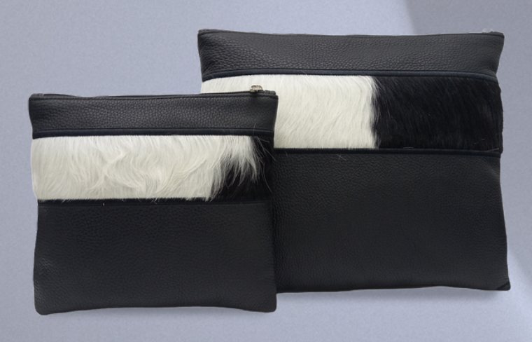 Black & Black-White Banded Leather & Cowhide Tallit & Tefillin Bag Set