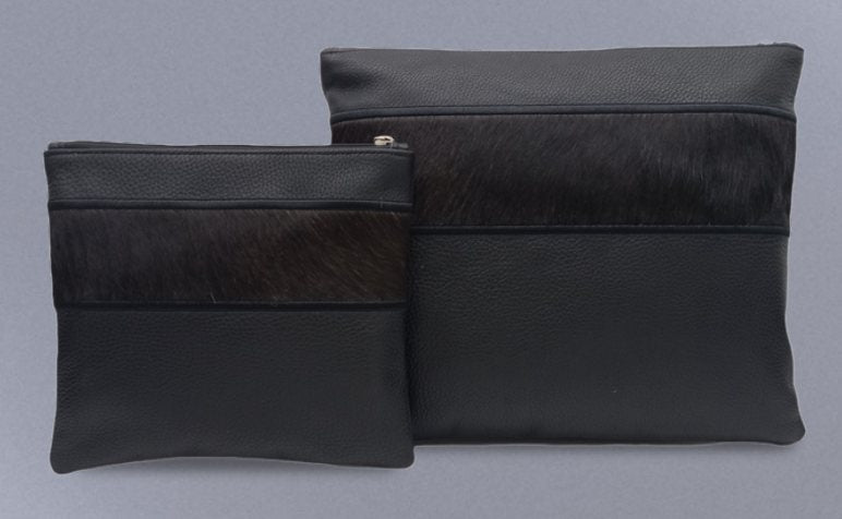 Black & Dark Brown Banded Leather & Cowhide Tallit & Tefillin Bag Set