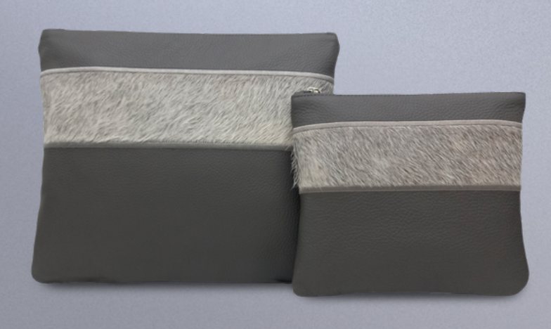 Gray & Light Gray Banded Leather & Cowhide Tallit & Tefillin Bag Set