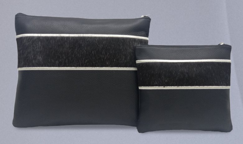 Black & Black Banded Leather & Cowhide Tallit & Tefillin Bag Set