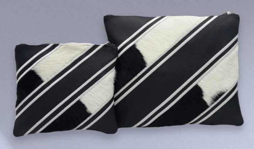 Black & Black-White Diagonal-Stripe Leather & Cowhide Tallit & Tefillin Bag Set