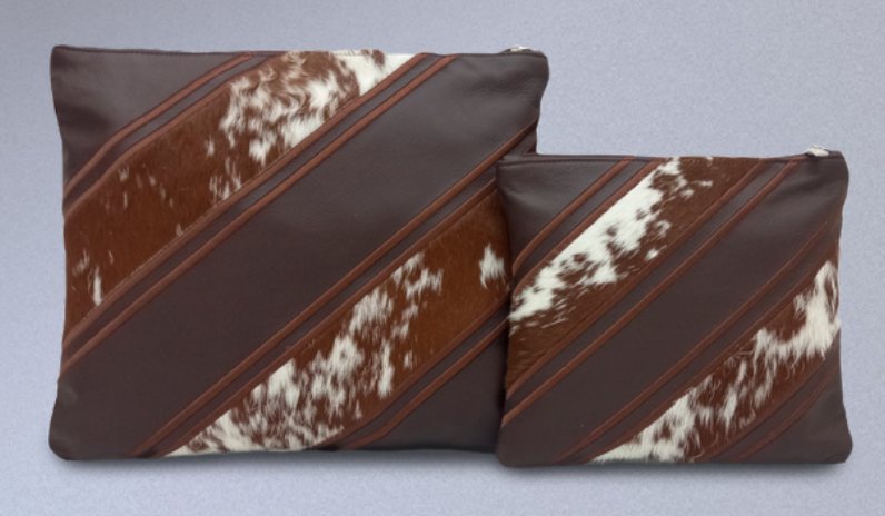 Brown & Brown-White Diagonal-Stripe Leather & Cowhide Tallit & Tefillin Bag Set