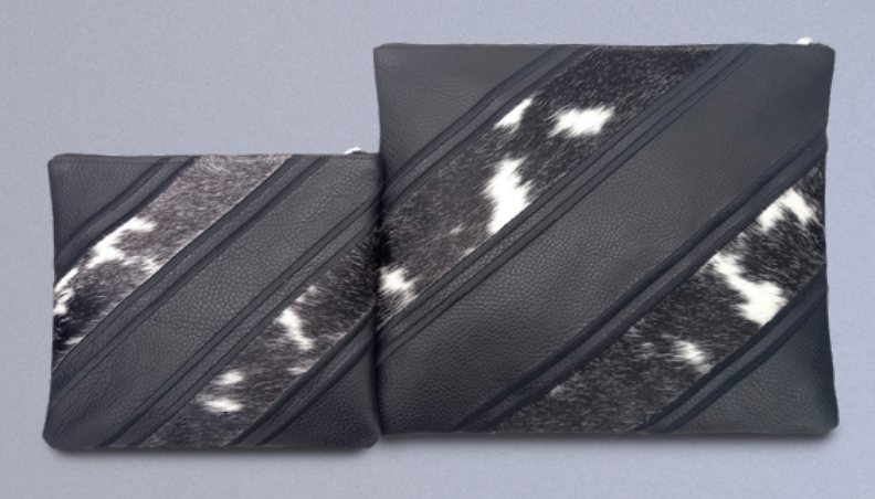 Charcoal & Black-White Diagonal-Stripe Leather & Cowhide Tallit & Tefillin Bag Set