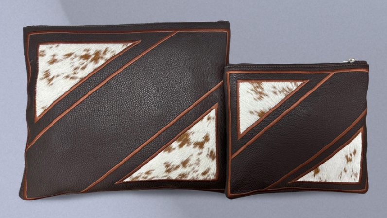 Dark Brown & Brown-White Triangle Leather & Cowhide Tallit & Tefillin Bag Set
