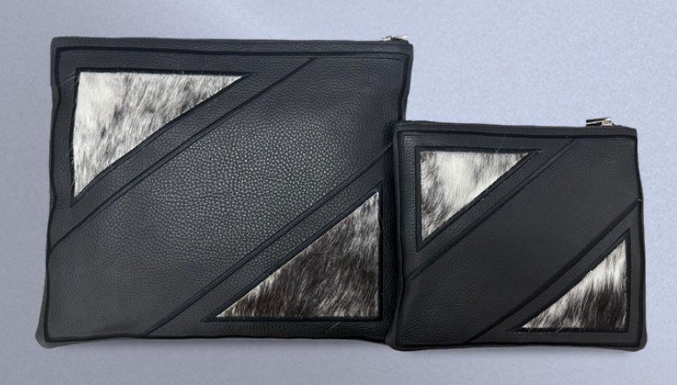 Black & Black-White Triangle Leather & Cowhide Tallit & Tefillin Bag Set