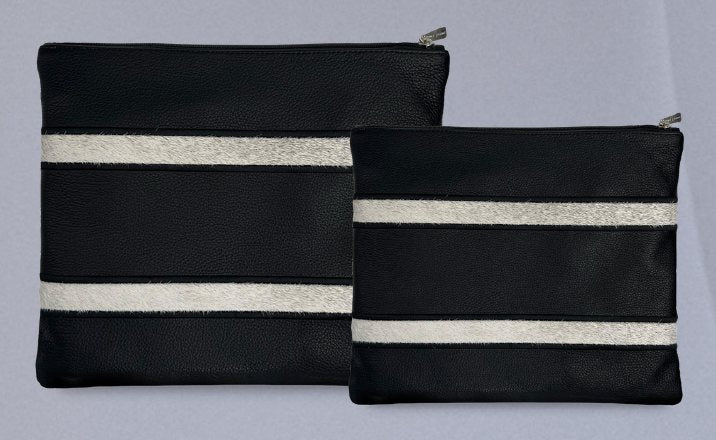 Black & Silver Striped Leather & Cowhide Tallit & Tefillin Bag Set