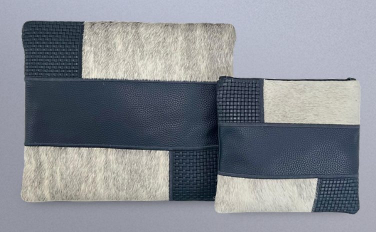Navy & Light Gray Patchwork Leather & Cowhide Tallit & Tefillin Bag Set