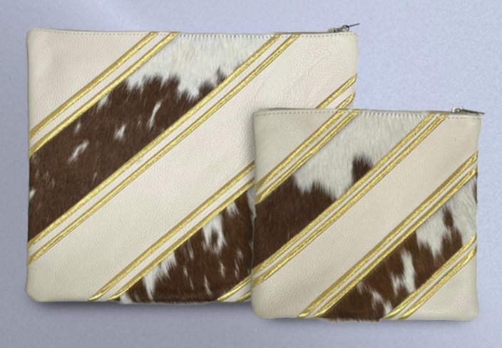 Cream & Brown-White Diagonal-Stripe Leather & Cowhide Tallit & Tefillin Bag Set
