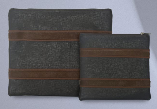 Charcoal & Brown Striped Leather & Cowhide Tallit & Tefillin Bag Set
