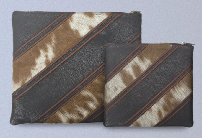 Charcoal & Brown-White Diagonal-Stripe Leather & Cowhide Tallit & Tefillin Bag Set