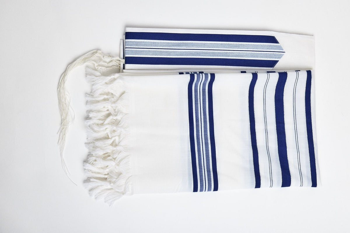 Modim classic wool tallit with royal blue stripes, folded