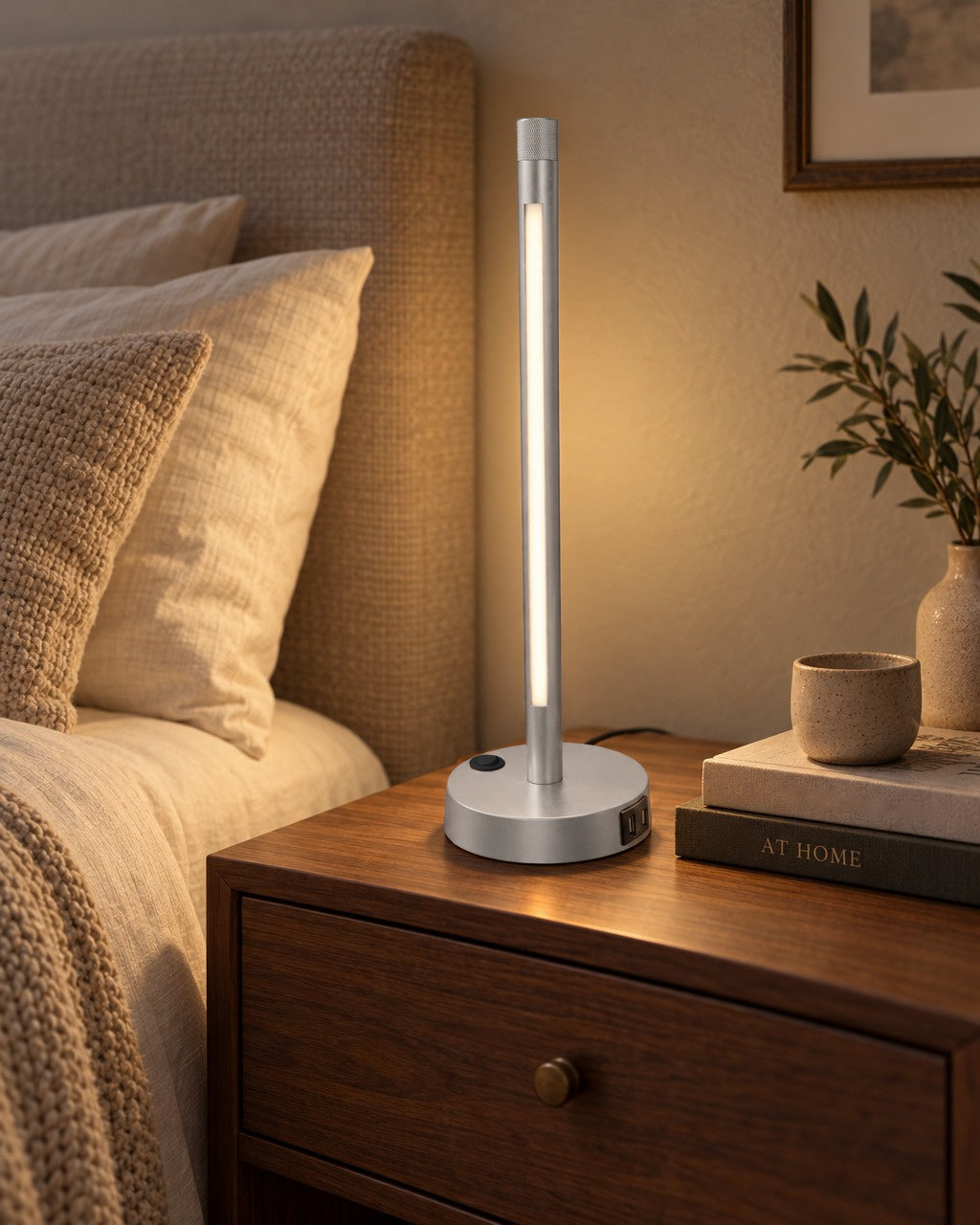 Shabbat Lamp Silver on a bedside nightstand
