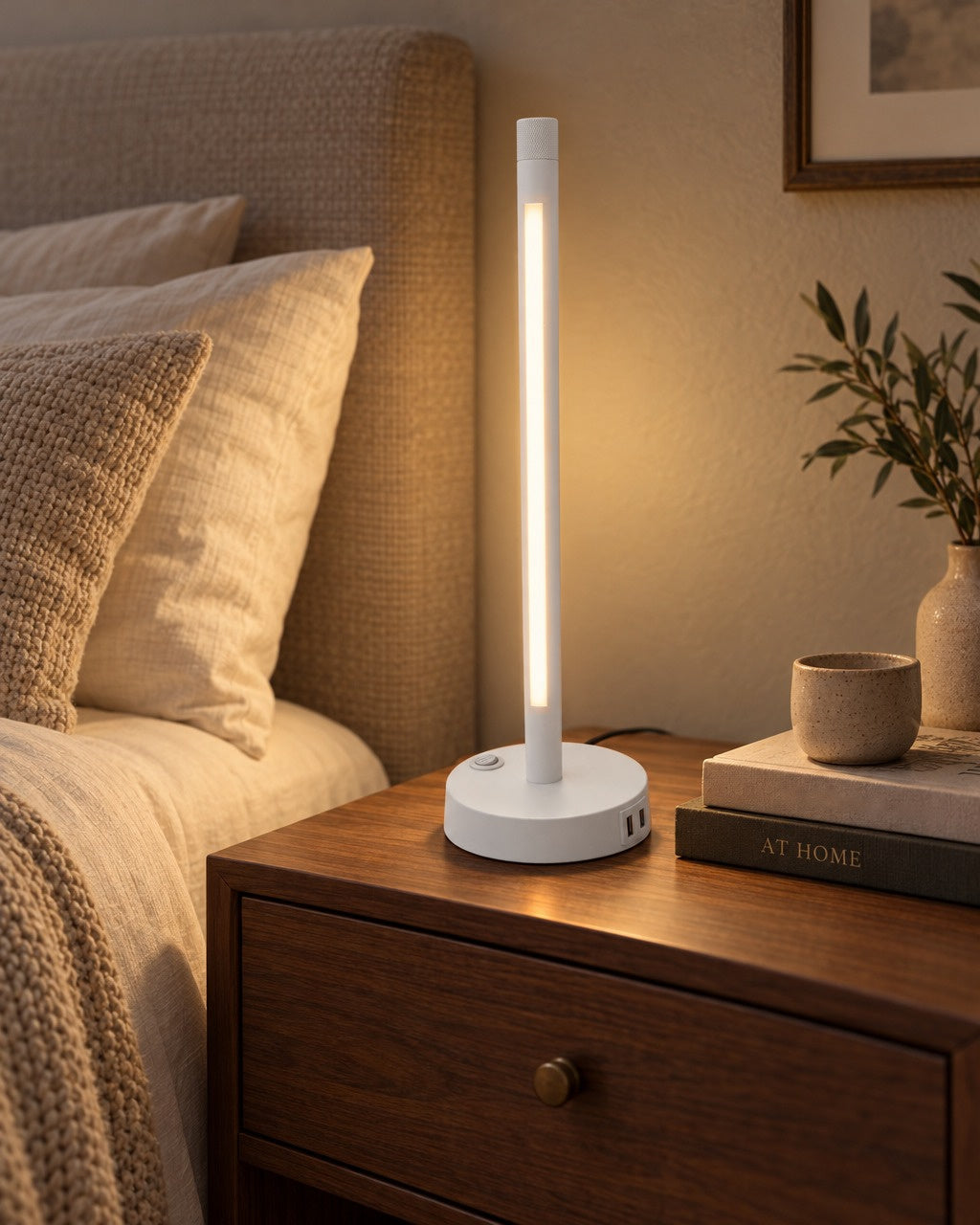 Shabbat Lamp White on a bedside nightstand